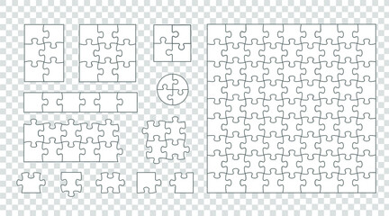 Jigsaw puzzle pattern template in different sizes. Isolated illustration of puzzle piece set. Vector illustration