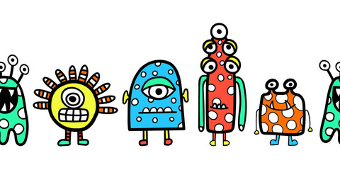 Kids border cute alien monster robot seamless vector. Repeating horizontal pattern for children. Banner design for fabric trim, card decor, Halloween, costume party, birthday, footer, header, divider.