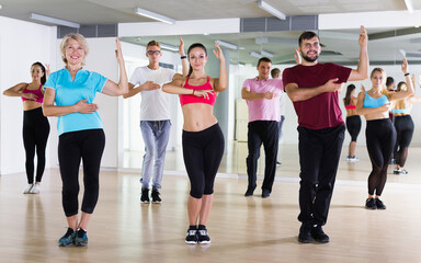 Group of positive people training dance in fitness studio