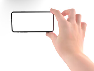 3D rendering of hand emerged from the ground and holding new Smartphones white screen on white floor. Smartphones white screen can be used for advertising, Isolated on white background, illustration.