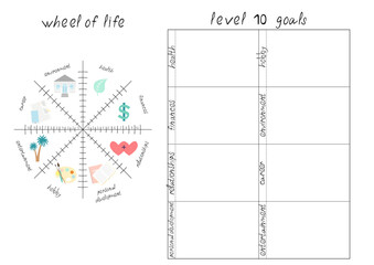 Vector illustration with Wheel of Life - diagram with blank lines to fill. Printable A4 paper sheet for coaching tool, bullet journal page, daily planner template, blank for notebook