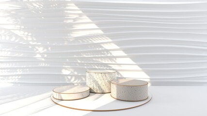 3D rendering of Round marble Podium, golden border, Sunlight shines The white wall into waves scene with shadow of leaf. Pedestal Can be used for commercial advertising, Isolated on white background.