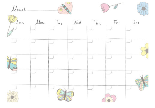 Printable A4 paper sheet with monthly planner blank to fill on background with hand drawn flowers. Minimalist planner for bullet journal page, habit tracker, daily planner template, blank for notebook