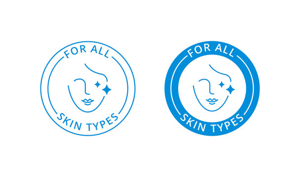 For all skin types label, beauty logo, tag, stamp for skincare packaging. Icon for cream, toner, moisturizer, facial mask, lotion
