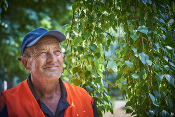 Portrait of smiling old man wearing safety vest