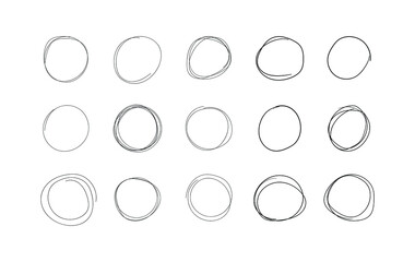 Vector collection of handdrawn circles, black lines isolated on white background, circular scribble doodle round shape frames.