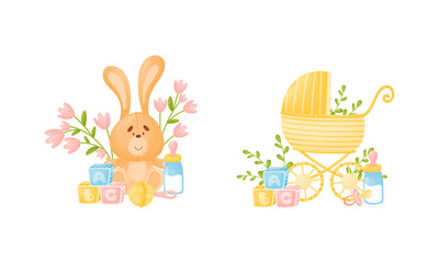 Newborn and Baby Accessories Arranged in Sweet Composition with Floral Elements Vector Set