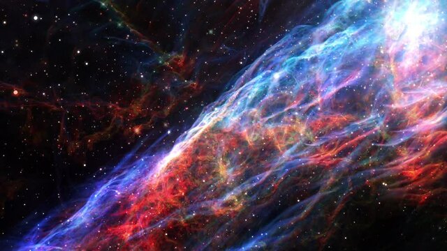 Seamless loop 3D space flight flying into the The Veil Nebula or NGC 6960 or The Witch's Broom Nebula is a cloud of heated and ionized gas and dust in the constellation Cygnus. Finished image by NASA.