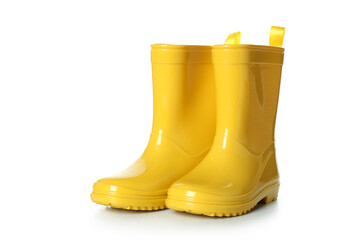 Yellow rubber boots isolated on white background - obrazy, fototapety, plakaty