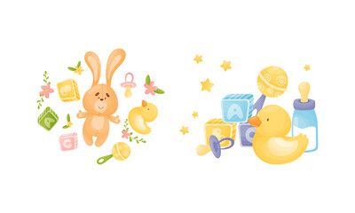 Newborn and Baby Accessories Arranged in Sweet Composition with Floral Elements Vector Set