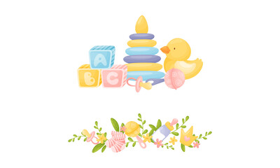 Newborn and Baby Accessories Arranged in Sweet Composition with Floral Elements Vector Set