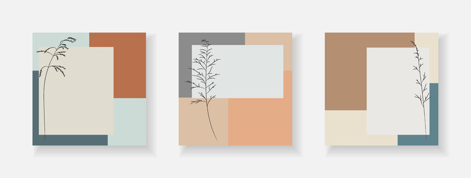 Set of covers with plants of meadows and fields, grass contour for splash design. Simple shapes in the design for a postcard.