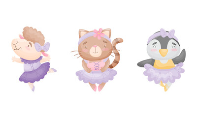 Cute Animals in Ballerina Dress Dancing Vector Set