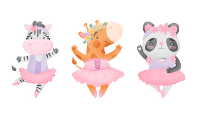 Cute Animals in Ballerina Dress Dancing Vector Set