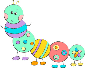Picture of a cute drawn cartoon caterpillar in color. Educational material for children of primary preschool age. Vector illustration