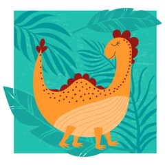 Cute orange dinosaur on a textured turquoise background with tropical leaves. Vector illustration for congratulations, poster, postcards, covers, decoration of the children's room.
