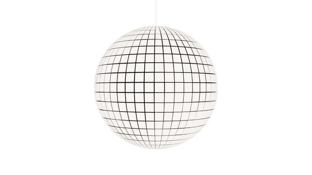 Disco ball made of white squares rotates counterclockwise on a white background. Glare of light is reflected from its surface. Seamless loop.