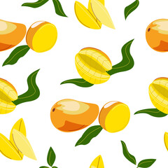 Seamless pattern with mango whole and pieces.