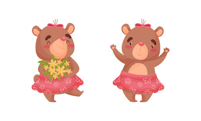 Fototapeta premium Cute Bear Girl in Skirt Holding Bunch of Flowers and Waving Paws Vector Set