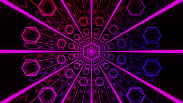 Bright hexagons fly towards you, surrounded by colorful sparkling rays. Loop animation for holidays, VJ, Loop animation