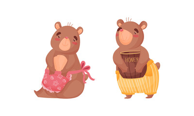 Cute Bear Sitting and Holding Pot with Honey Vector Set