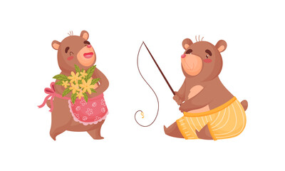 Cute Bear Holding Bunch of Flowers and Fishing with Rod Vector Set