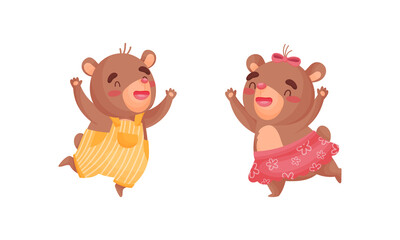 Cute Bear Gir and Boy Jumping with Joy Vector Set