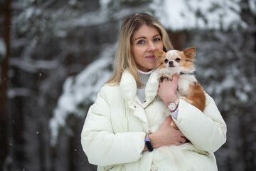 Blonde young female holding ginger and white chihuahua in her hands. Snow and trees on the background