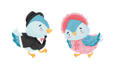 Cute Blue Bird Wearing Suit and Dress Vector Set