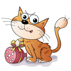 Cartoon red cat with sausage. Gift for holiday. Birthday. Valentine's day. Greeting card. Colorful vector illustration for kids.