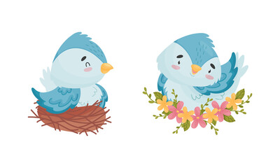 Cute Blue Bird Sitting in Floral Nest Vector Set