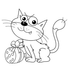Coloring Page Outline Of cartoon cat with sausage. Gift for holiday. Birthday. Valentine's day. Greeting card. Coloring Book for kids.