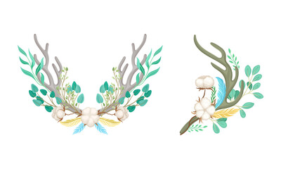 Deer Antlers Arranged with Tender Cotton Flowers and Green Twigs Vector Set