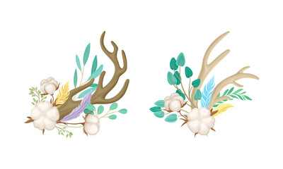 Obraz premium Deer Antlers Arranged with Tender Cotton Flowers and Green Twigs Vector Set