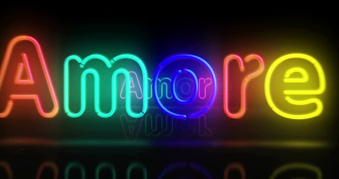 Amore love symbol neon symbol. Light color bulbs with romantic sign. Abstract concept 3d flying through the tunnel animation.