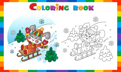 Coloring Page Outline of cartoon happy Bunny sledding. Winter activity. Coloring Book for kids.