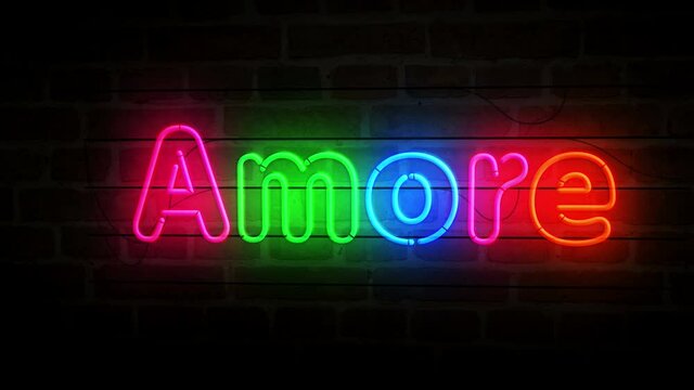 Amore love neon on brick wall. Light color bulbs with romantic sign. Abstract concept 3d animation.