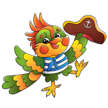 Cartoon joyful parrot sailor. Vector image for pirate party for children. Colorful illustration for kids.