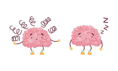 Cartoon Brain Character Feeling Sleepy and Puzzled Vector Set
