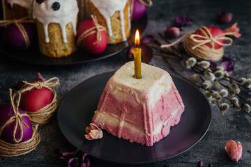 Curd Easter. A traditional Orthodox dish for Easter. Cherry cheese Easter. Easter composition with painted eggs 