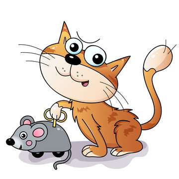 Cartoon red cat with toy clockwork mouse. Colorful vector illustration for kids.