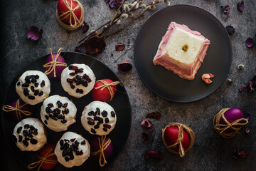 Curd Easter. A traditional Orthodox dish for Easter. Cherry cheese Easter. Easter composition with painted eggs 