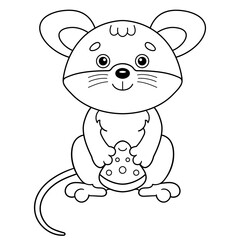 Coloring Page Outline Of cartoon little mouse with cheese. Coloring Book for kids.