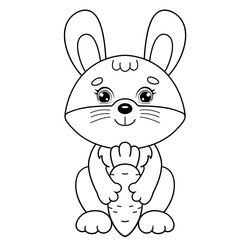Coloring Page Outline Of cartoon bunny or hare with carrot. Coloring Book for kids.
