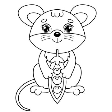 Coloring Page Outline Of cartoon little mouse with pea pod. Coloring Book for kids.