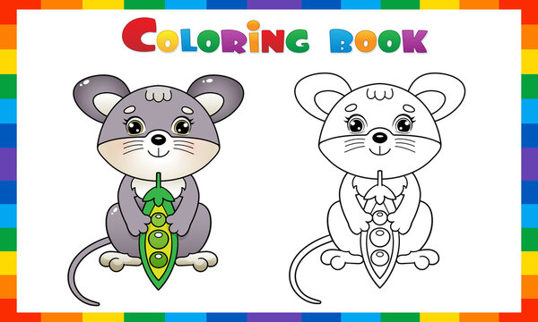 Coloring Page Outline Of cartoon little mouse with pea pod. Coloring Book for kids.