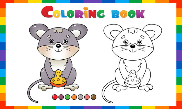 Coloring Page Outline Of cartoon little mouse with cheese. Coloring Book for kids.