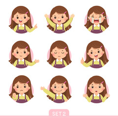 Vector cartoon set of a little girl in different postures with various emotions. Set 2 of 3.