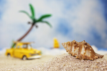Fototapeta na wymiar Seashell on Tropical Beach With Vintage Hot Rod