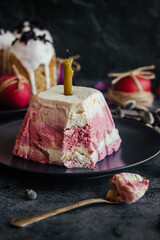 Curd Easter. A traditional Orthodox dish for Easter. Cherry cheese Easter. Easter composition with painted eggs 